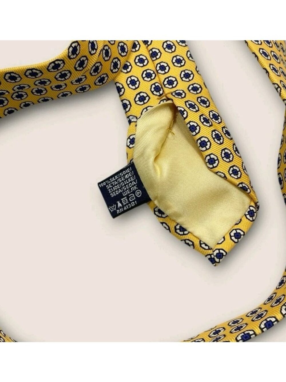 POLO RALPH LAUREN Silk Tie ITALY Yellow Blue White Geometric W:3.5" EUC - Picture 4 of 6